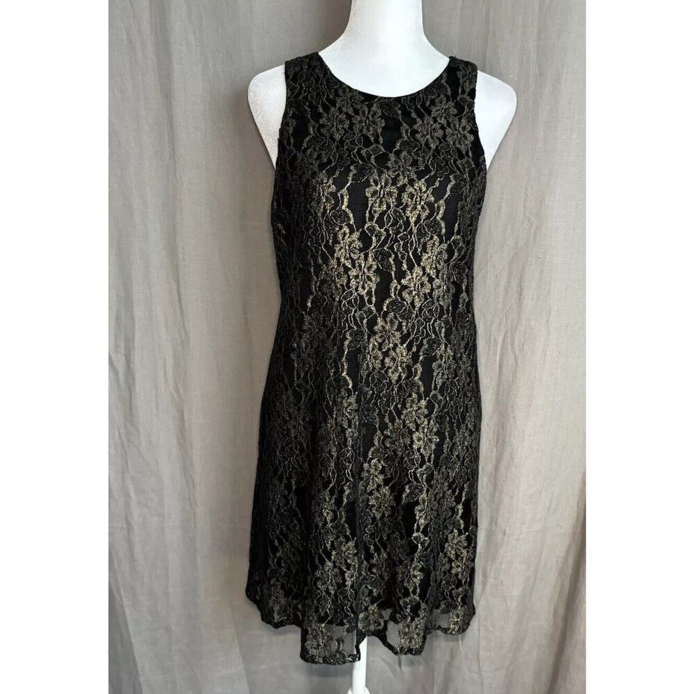 ASTR women's black gold metallic lace shift mini dress sleeveless Size Xsmall